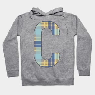 Monogram Letter C, Blue, Yellow and Grey Scottish Tartan Style Typography Design Hoodie